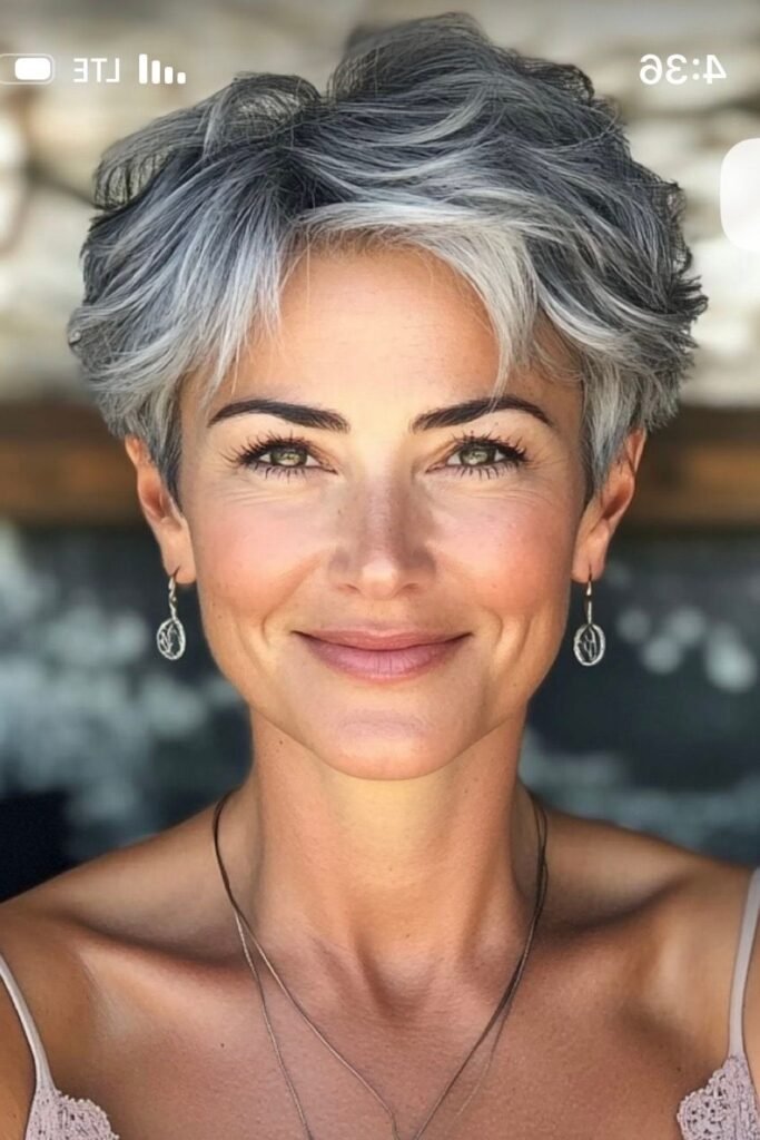 Sleek Silver Pixie Cut with Side-Swept Fringe