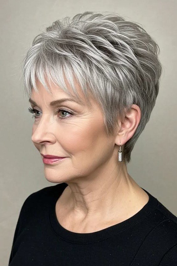 Sleek Silver Pixie with Fine Layered Fringe