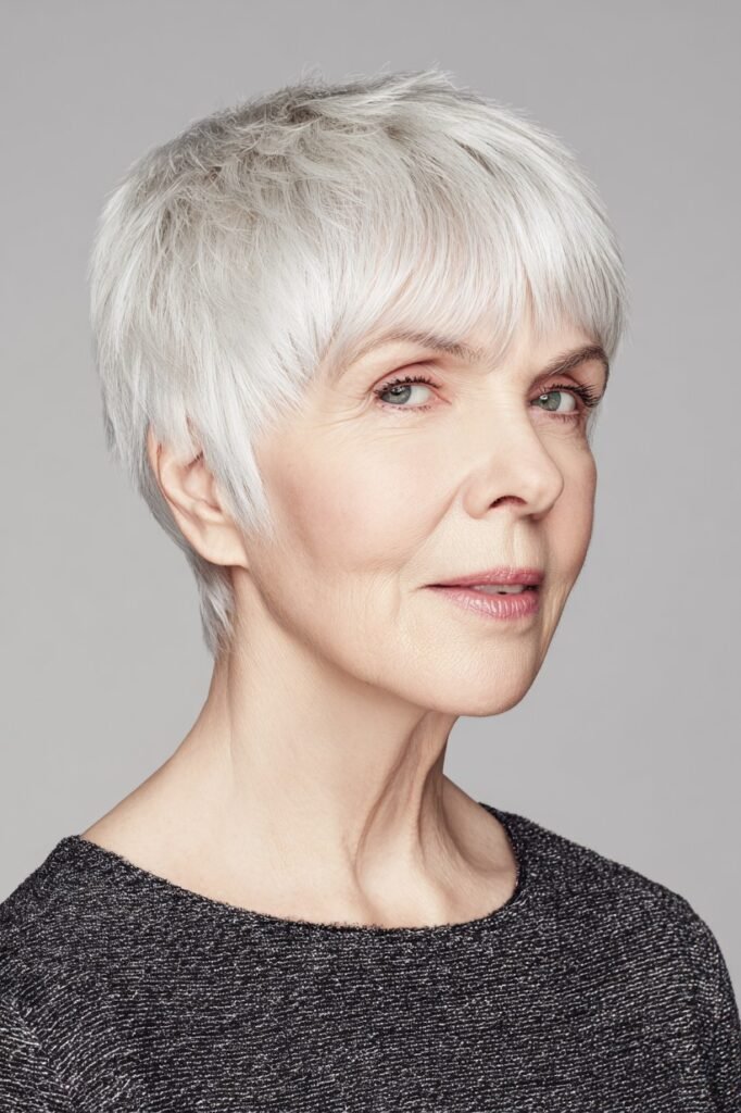 Sleek Silver Pixie with Soft Piecey Bangs