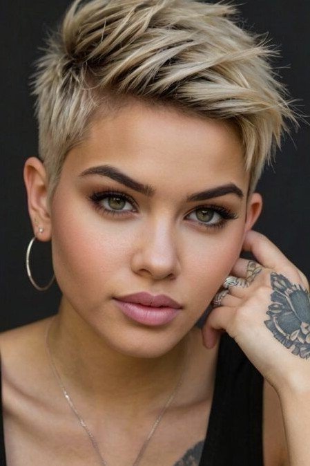 Sleek Spiky Blonde Pixie Cut with Side-Swept Fringe