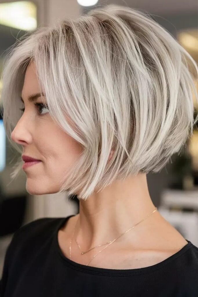 Sleek Stacked Bob with Bright Blonde Highlights