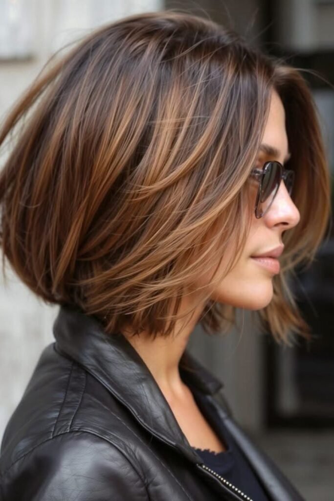 Sleek Stacked Bob with Warm Brown Highlights