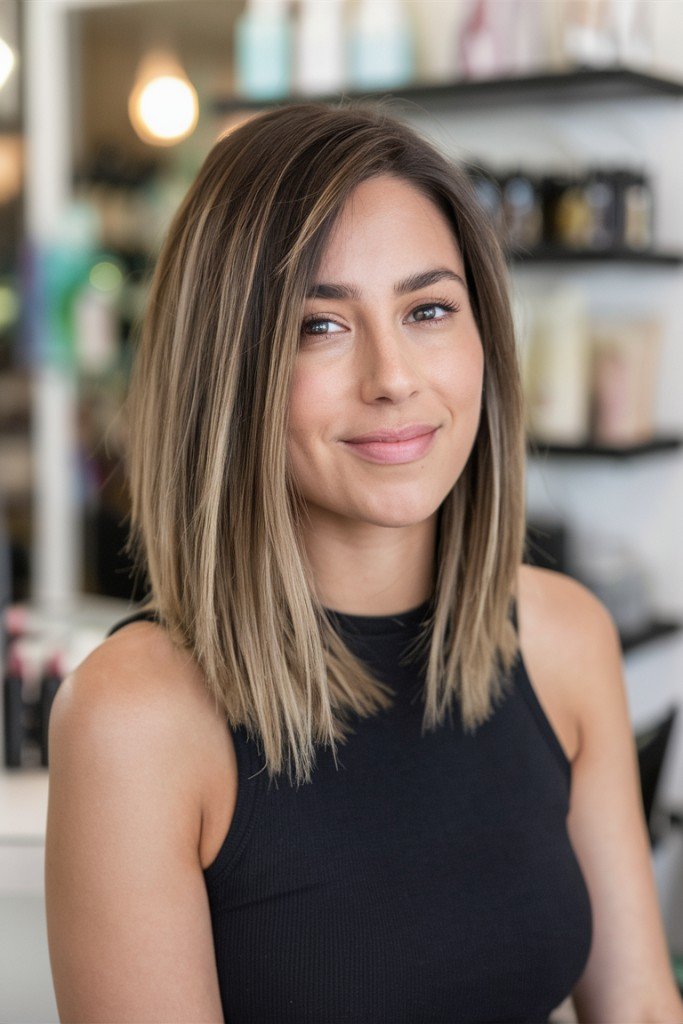 Sleek Straight Brunette Bob with Subtle Highlights