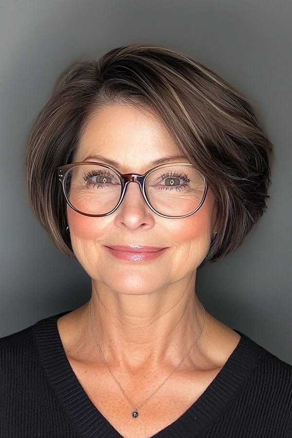 Smooth Rounded Brunette Bob with Glasses