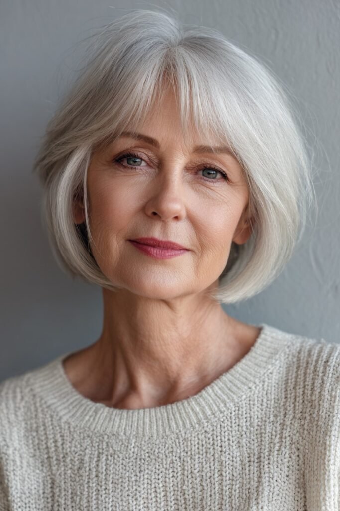 Smooth Silver Bob with Soft Layered Bangs