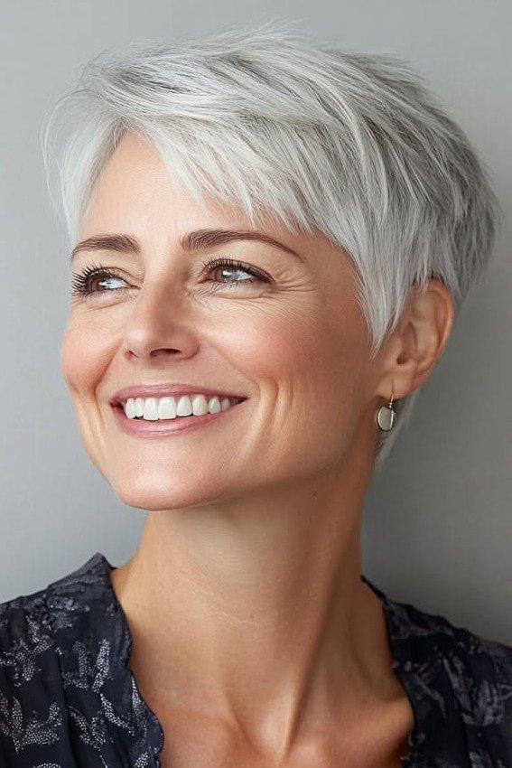 Smooth Silver Pixie Cut with Side-Swept Fringe