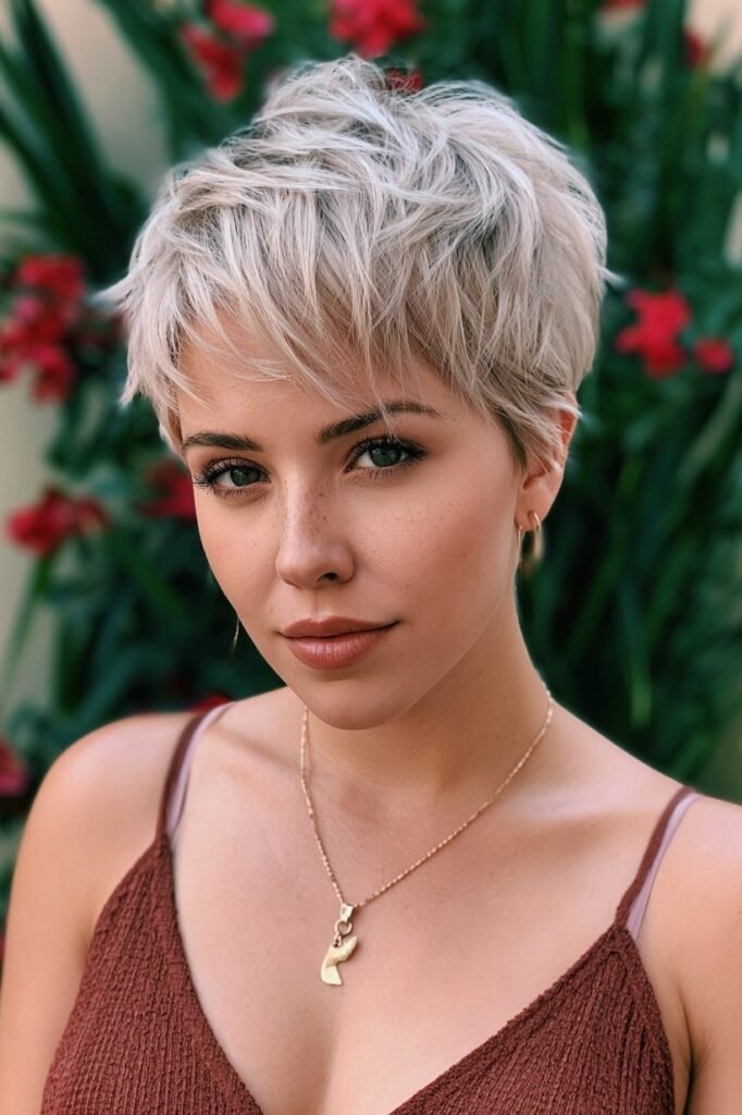 Soft Ash Blonde Tousled Pixie Cut with Fine Layers