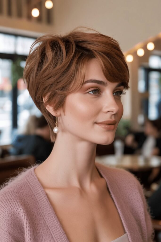 Soft Auburn Pixie with Volume and Side-Swept Fringe