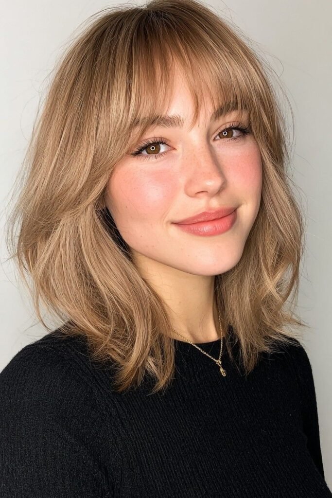 Soft Blonde Shag with Full Bangs