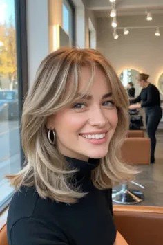 Soft Blonde Shoulder-Length Cut with Face-Framing Bangs