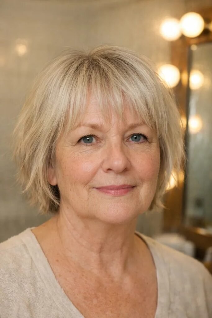 Soft Blonde Textured Bob with Straight Fringe