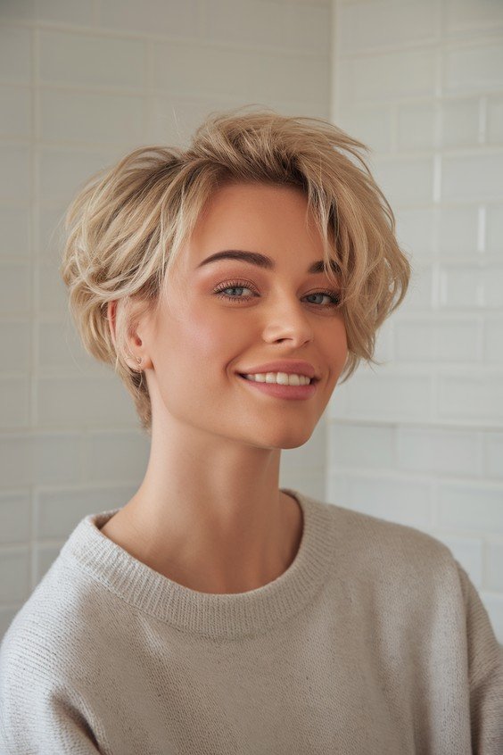 Soft Blonde Textured Pixie with Side Part