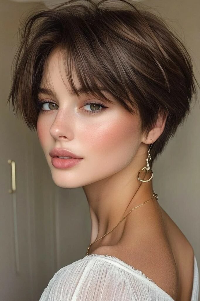 Soft Brown Pixie Cut with Delicate Side-Swept Fringe