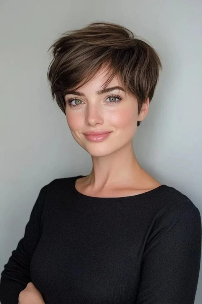 Soft Brown Pixie Cut with Layered Crown and Side-Swept Bangs