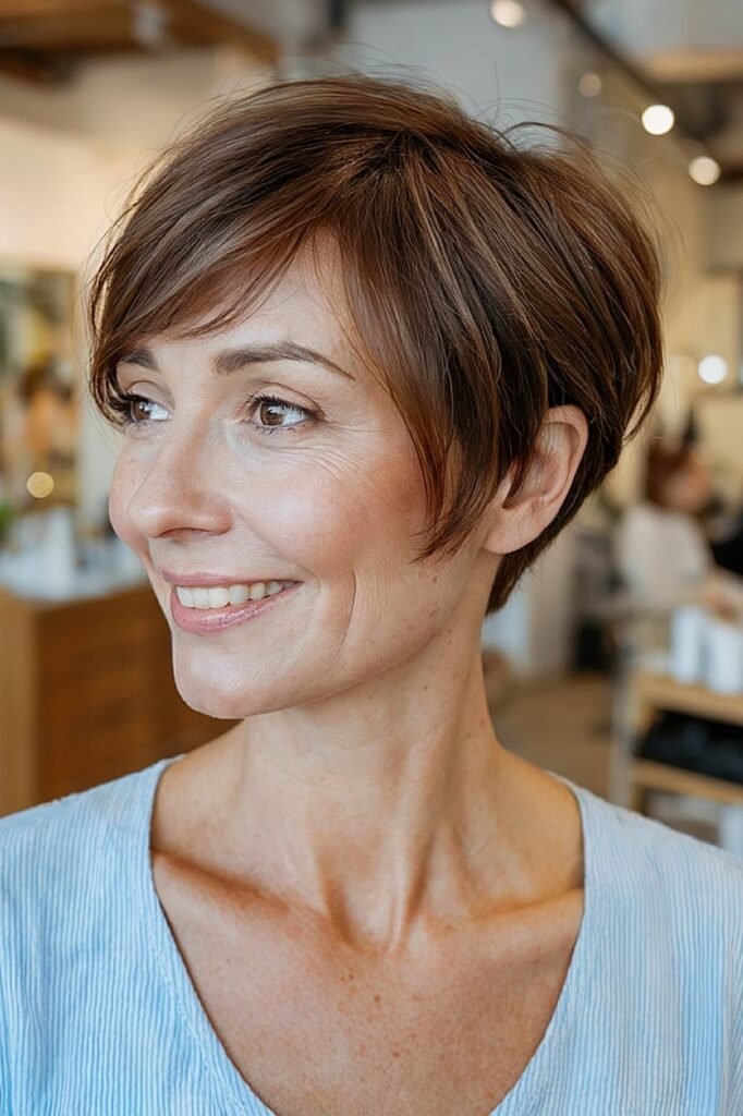Soft Brown Pixie with Side-Swept Bangs