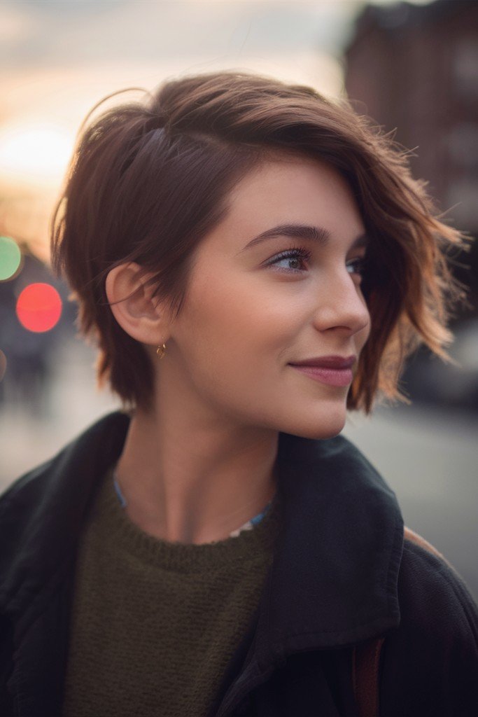 Soft Brunette Layered Pixie Cut