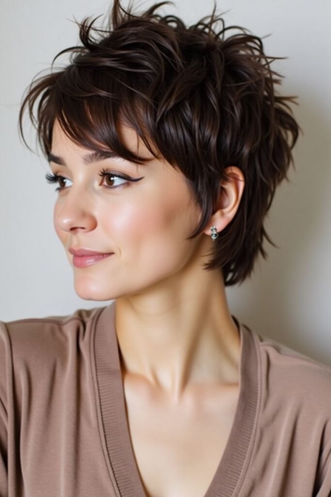 Soft Brunette Shaggy Pixie with Wispy Bangs