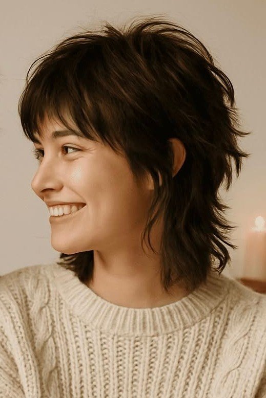 Soft Dark Shag with Side-Swept Fringe