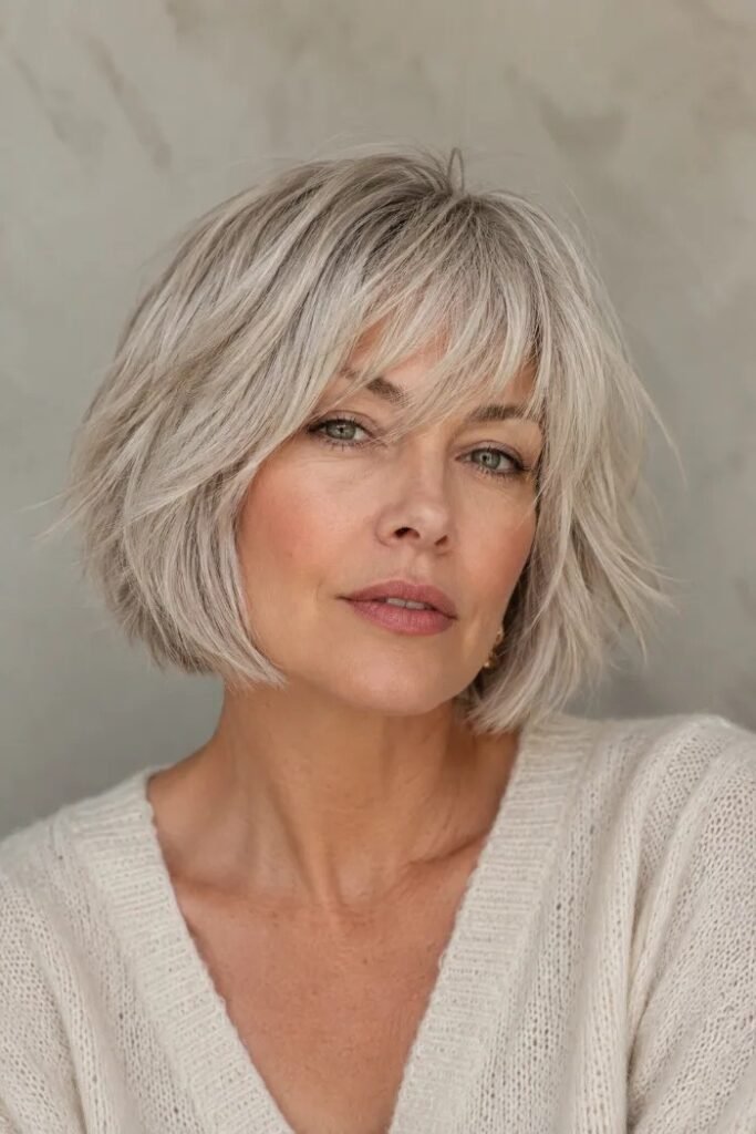 Soft Feathered Bob with Side Swept Bangs
