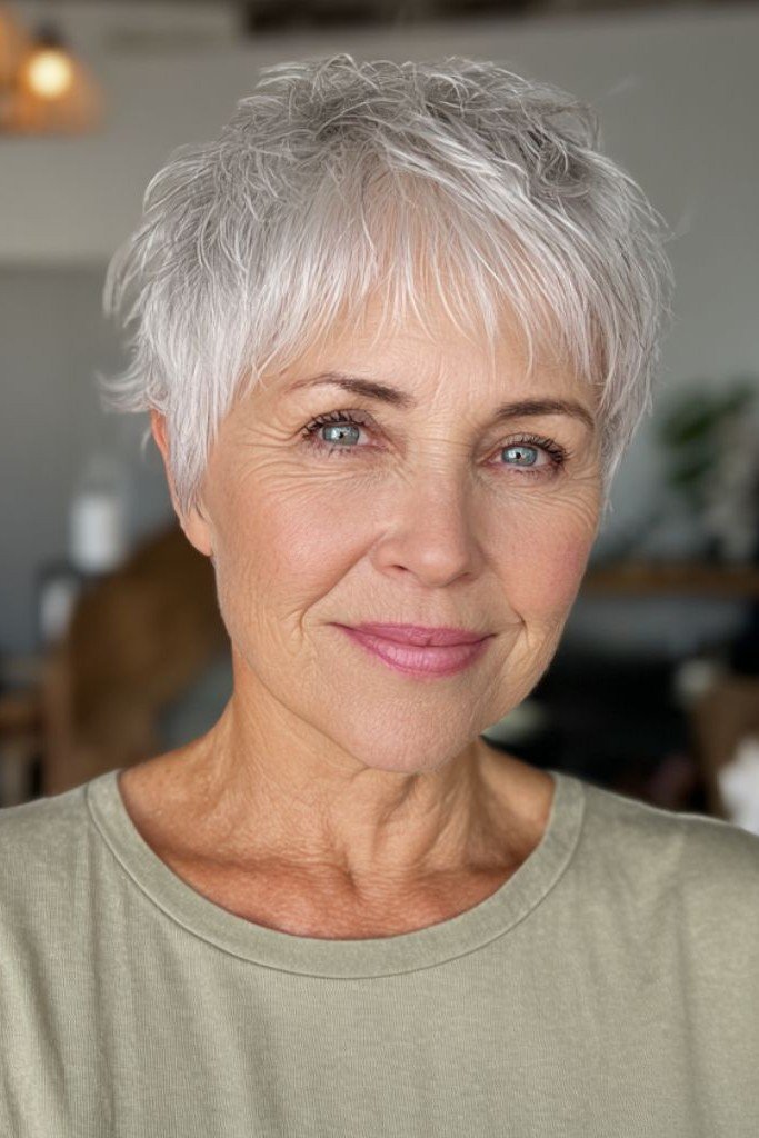 Soft Feathered Silver Pixie with Bangs