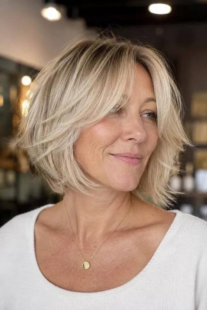 Soft Feathery Bob with Curtain Bangs