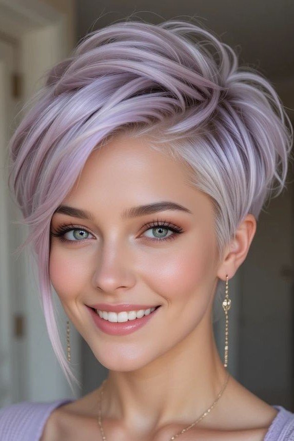 Soft Lavender-Toned Pixie Cut with Asymmetrical Front Section