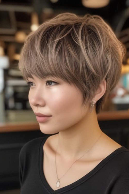 Soft Layered Ash Brown Pixie Cut