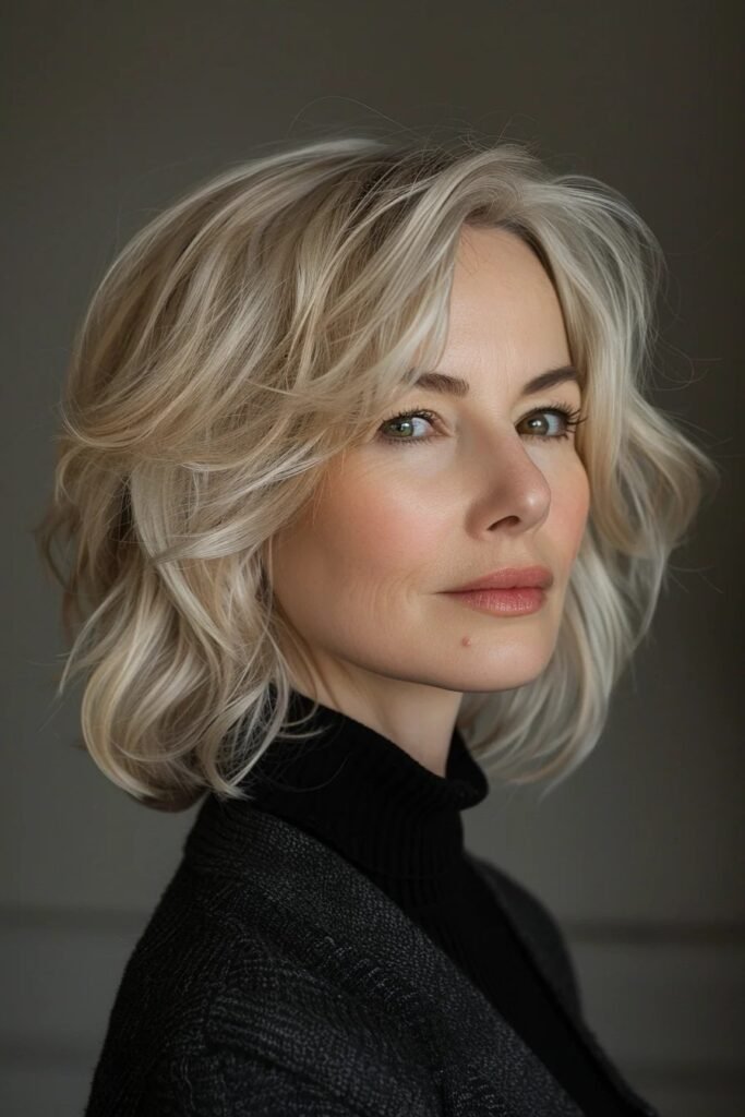 Soft Layered Blonde Bob with Curtain Bangs