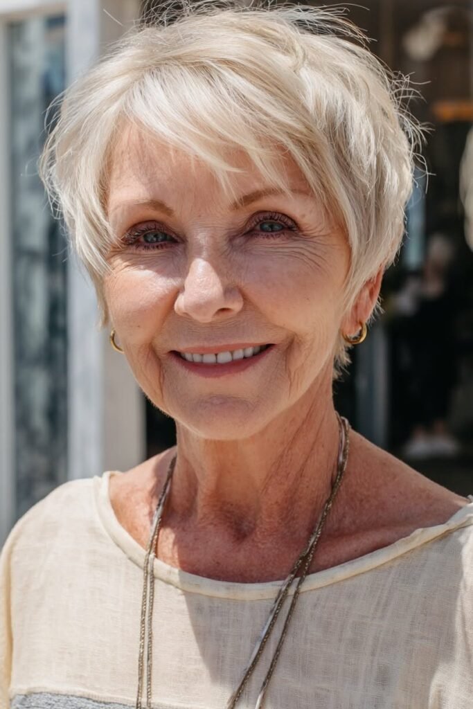 Soft Layered Blonde Pixie with Wispy Bangs