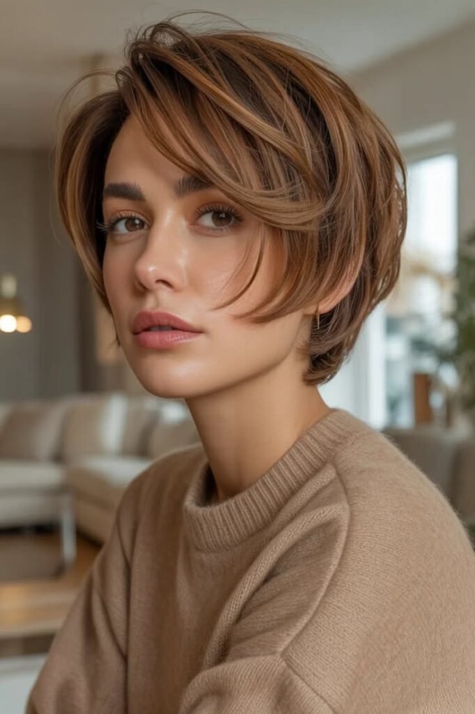 Soft Layered Bob with Caramel Highlights and Side Part