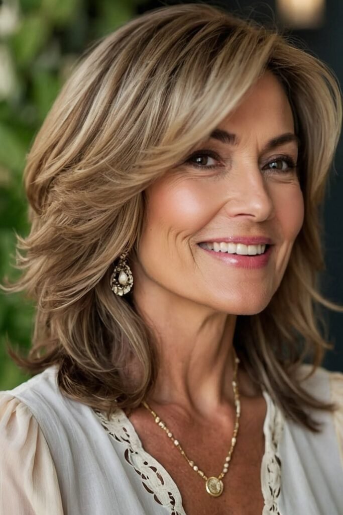 Soft Layered Bob with Side-Swept Bangs and Highlights