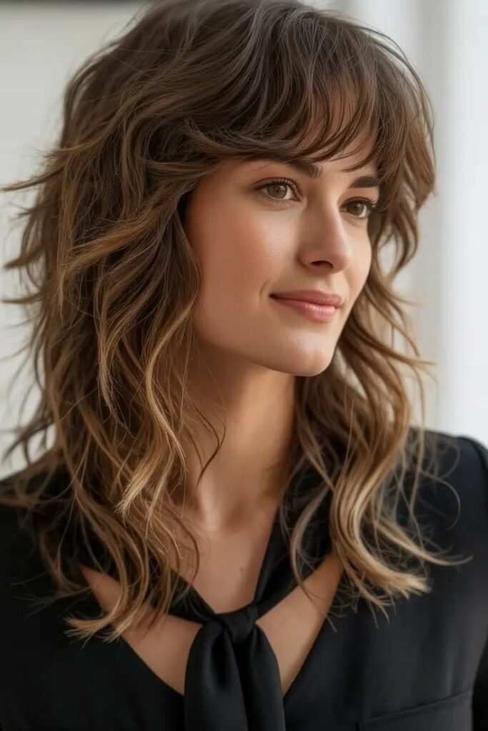 Soft Layered Brunette Shag with Sweeping Curtain Bangs