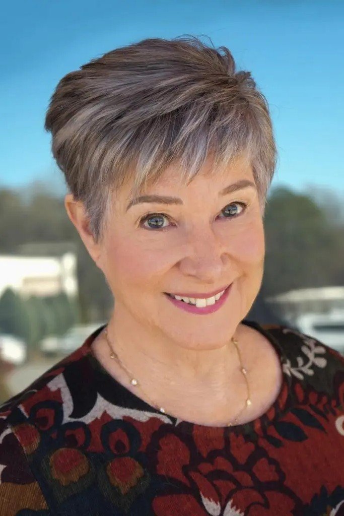 Soft Layered Grey Pixie Cut with Wispy Bangs