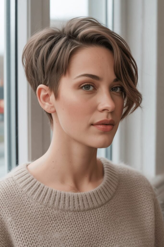 Soft Layered Pixie Cut with Side-Swept Fringe