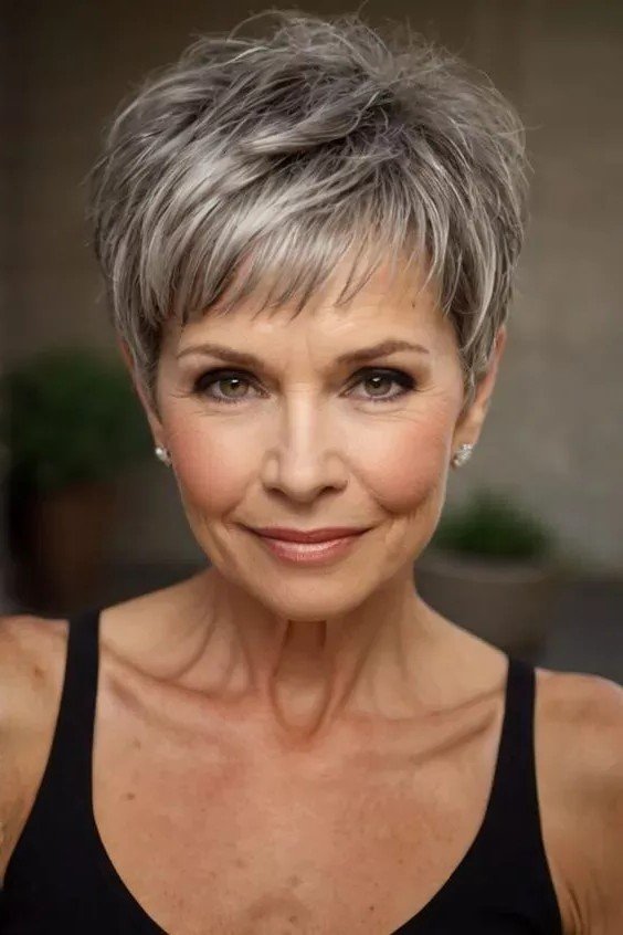 Soft Layered Silver Pixie Cut