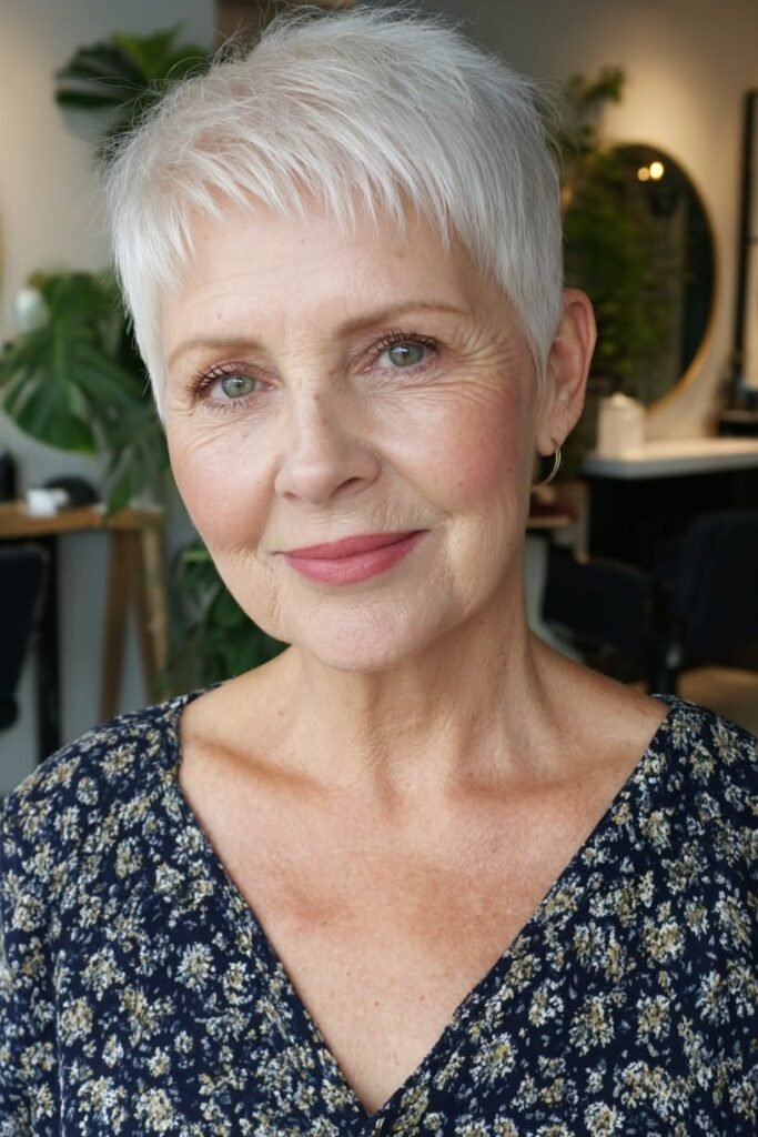 Soft Layered Silver Pixie Cut