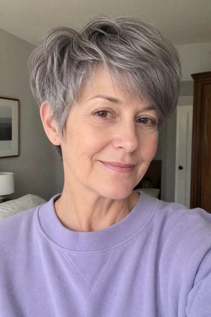 Soft Layered Silver Pixie with Side-Swept Bangs
