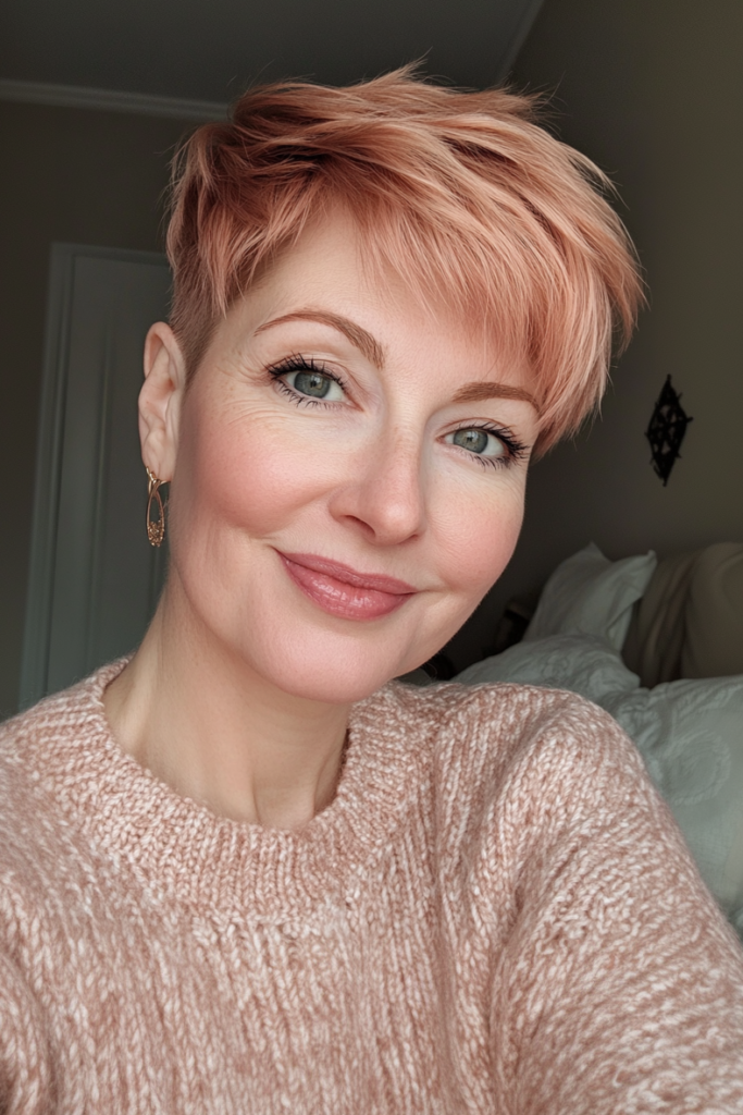 Soft Peach Pixie Cut with Side-Swept Fringe