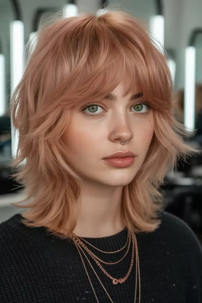 Soft Peach Shag with Layered Bangs