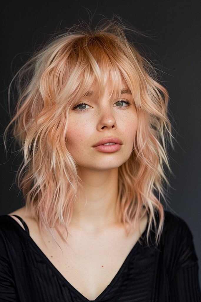 Soft Peach Shaggy Lob with Bangs