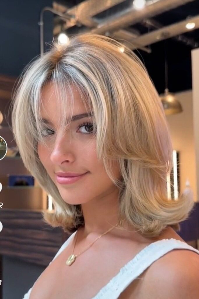 Soft Platinum Blonde Layered Bob with Wispy Bangs