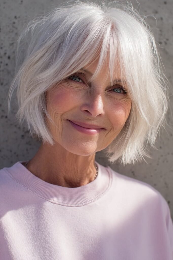 Soft Silver Layered Bob with Wispy Bangs