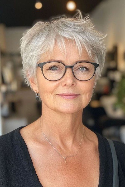Soft Silver Textured Pixie with Glasses