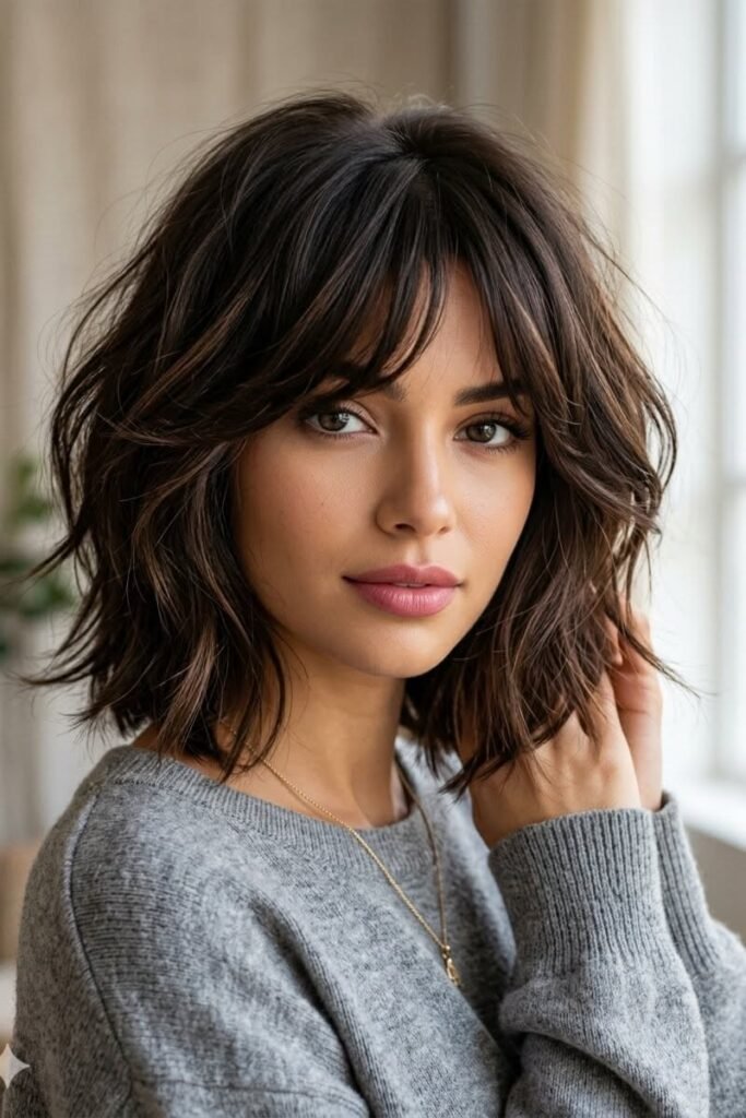 Soft Textured Brown Bob with Layered Fringe