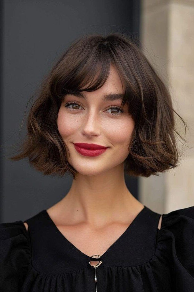 Soft Textured Brunette Bob with Sweeping Bangs