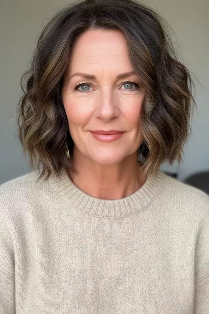 Soft Tousled Brown Bob with Subtle Highlights