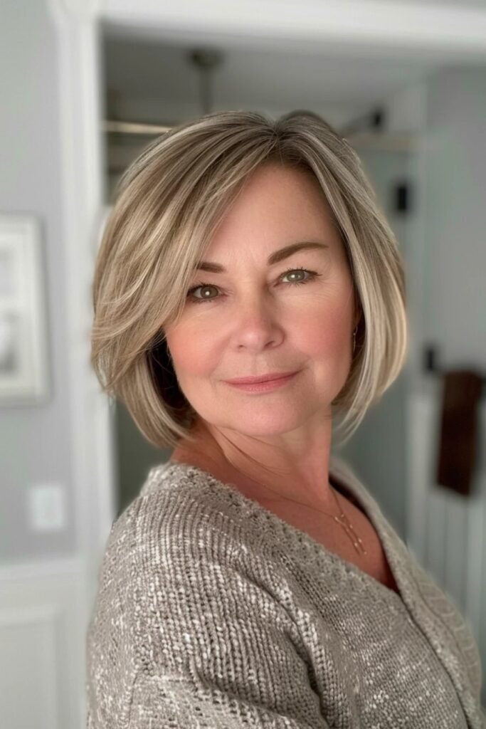 Soft Voluminous Blonde Bob with Side-Swept Layers