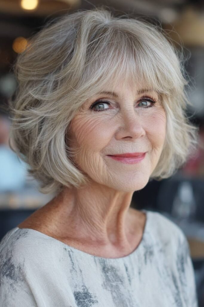 Soft Voluminous Gray Bob with Layered Fringe