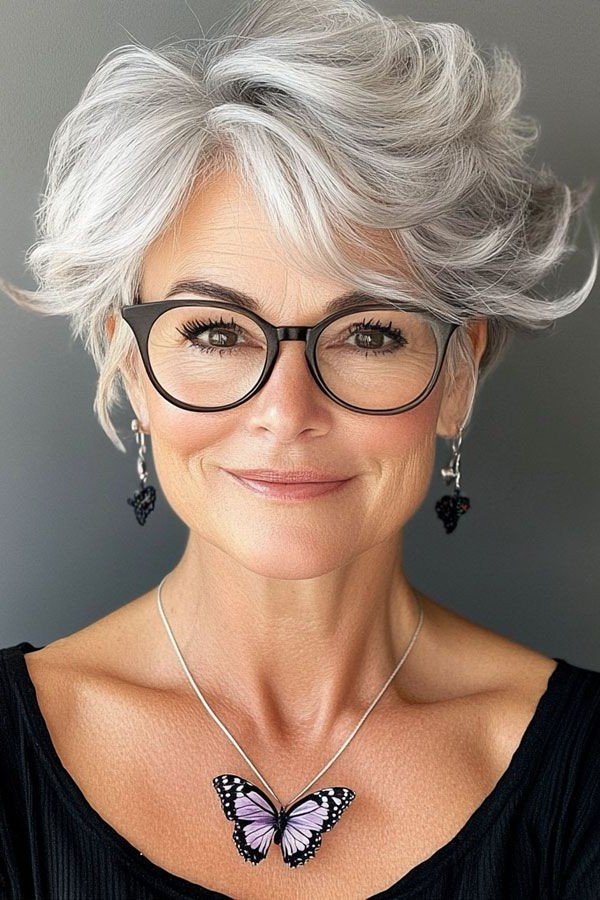 Soft Voluminous Silver Pixie with Sweeping Bangs