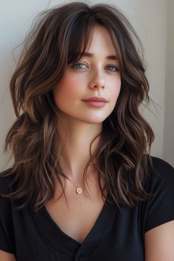 Soft Waves with Layered Curtain Bangs